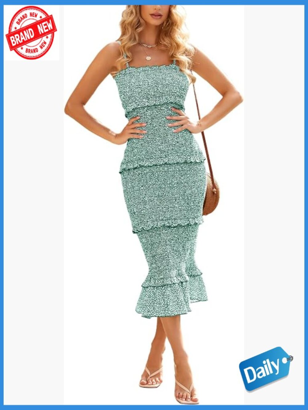 Women Summer Floral Midi Smocked Bodycon Dress Spaghetti Strap Square Neck
